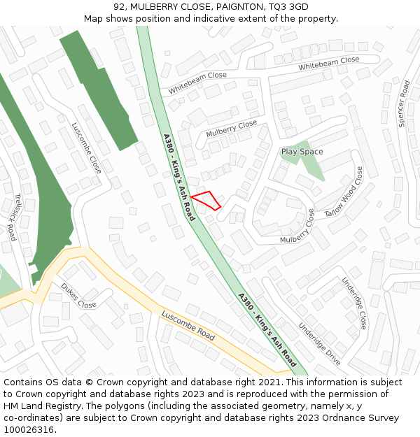 92, MULBERRY CLOSE, PAIGNTON, TQ3 3GD: Location map and indicative extent of plot