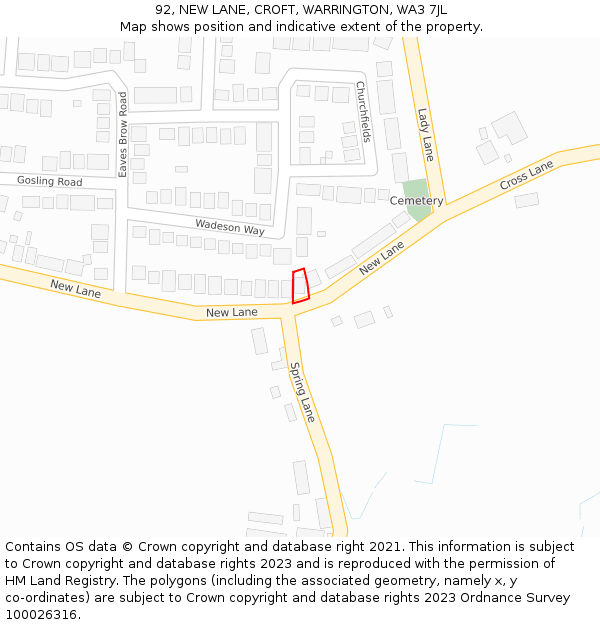 92, NEW LANE, CROFT, WARRINGTON, WA3 7JL: Location map and indicative extent of plot