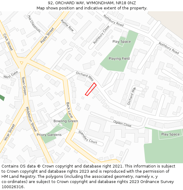 92, ORCHARD WAY, WYMONDHAM, NR18 0NZ: Location map and indicative extent of plot