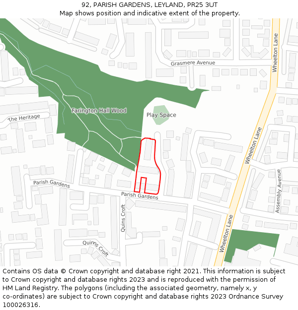 92, PARISH GARDENS, LEYLAND, PR25 3UT: Location map and indicative extent of plot