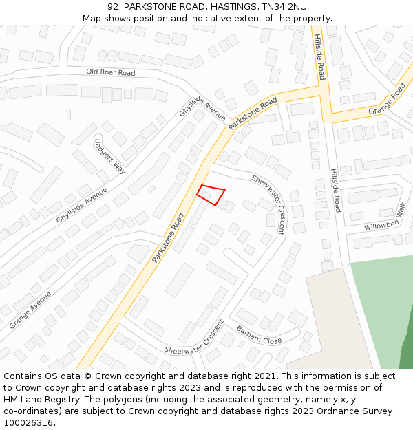 92, PARKSTONE ROAD, HASTINGS, TN34 2NU: Location map and indicative extent of plot