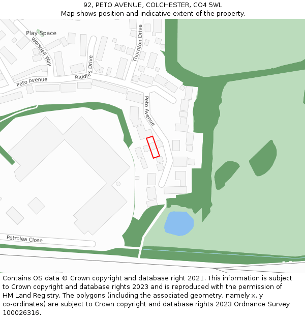 92, PETO AVENUE, COLCHESTER, CO4 5WL: Location map and indicative extent of plot