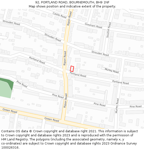 92, PORTLAND ROAD, BOURNEMOUTH, BH9 1NF: Location map and indicative extent of plot