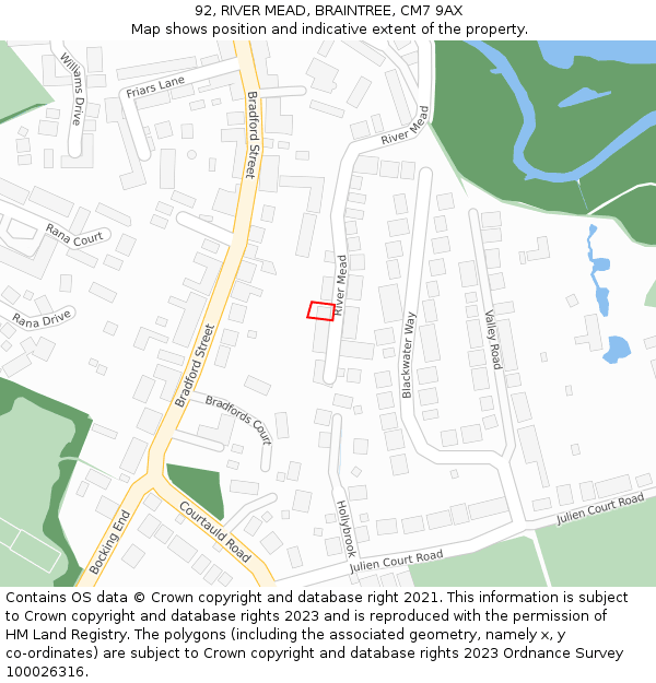 92, RIVER MEAD, BRAINTREE, CM7 9AX: Location map and indicative extent of plot