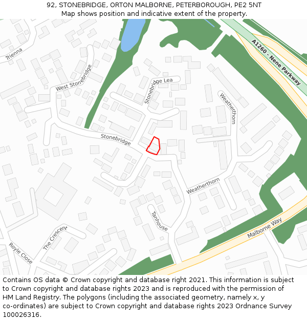 92, STONEBRIDGE, ORTON MALBORNE, PETERBOROUGH, PE2 5NT: Location map and indicative extent of plot