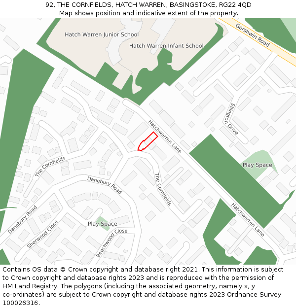 92, THE CORNFIELDS, HATCH WARREN, BASINGSTOKE, RG22 4QD: Location map and indicative extent of plot