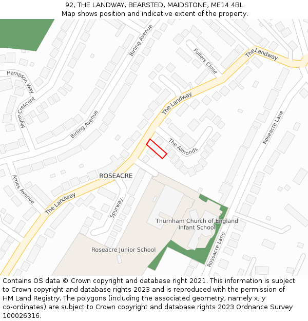 92, THE LANDWAY, BEARSTED, MAIDSTONE, ME14 4BL: Location map and indicative extent of plot