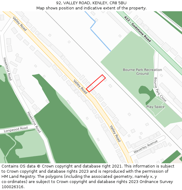92, VALLEY ROAD, KENLEY, CR8 5BU: Location map and indicative extent of plot