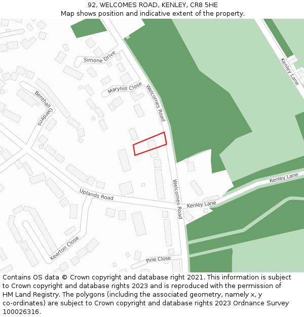 92, WELCOMES ROAD, KENLEY, CR8 5HE: Location map and indicative extent of plot
