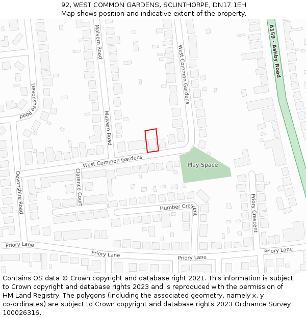 92, WEST COMMON GARDENS, SCUNTHORPE, DN17 1EH: Location map and indicative extent of plot