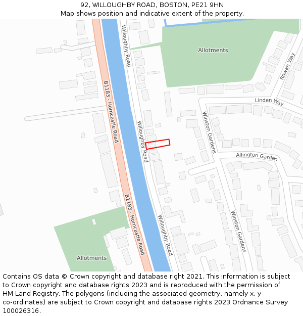 92, WILLOUGHBY ROAD, BOSTON, PE21 9HN: Location map and indicative extent of plot