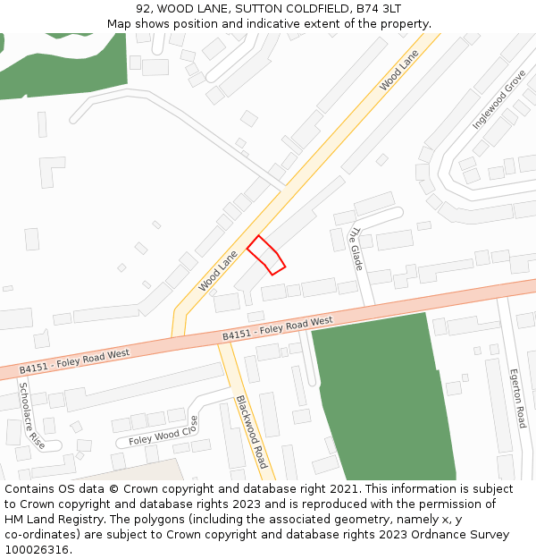 92, WOOD LANE, SUTTON COLDFIELD, B74 3LT: Location map and indicative extent of plot