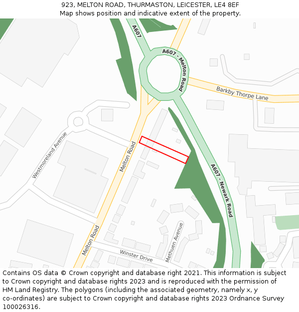 923, MELTON ROAD, THURMASTON, LEICESTER, LE4 8EF: Location map and indicative extent of plot