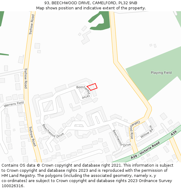 93, BEECHWOOD DRIVE, CAMELFORD, PL32 9NB: Location map and indicative extent of plot
