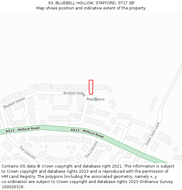 93, BLUEBELL HOLLOW, STAFFORD, ST17 0JP: Location map and indicative extent of plot