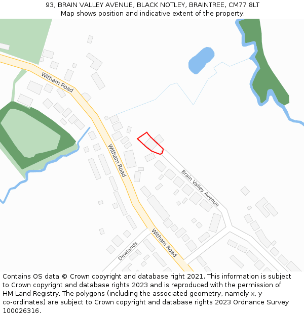 93, BRAIN VALLEY AVENUE, BLACK NOTLEY, BRAINTREE, CM77 8LT: Location map and indicative extent of plot