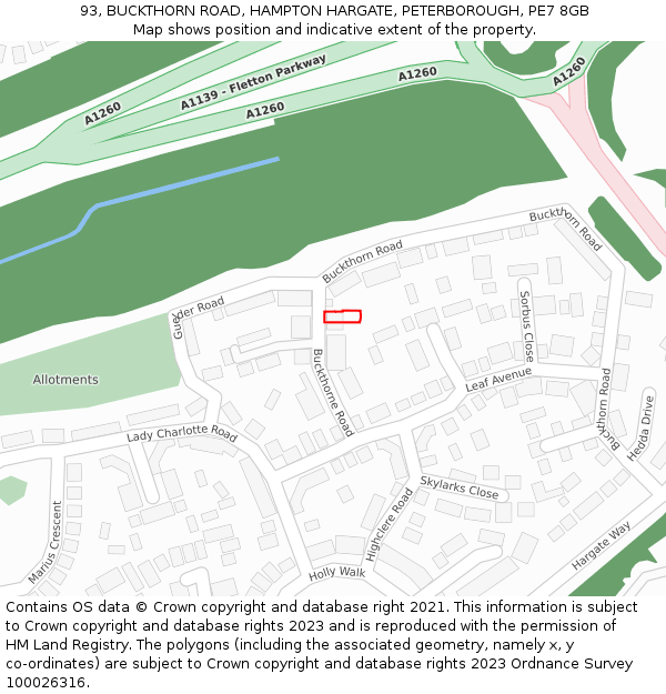 93, BUCKTHORN ROAD, HAMPTON HARGATE, PETERBOROUGH, PE7 8GB: Location map and indicative extent of plot