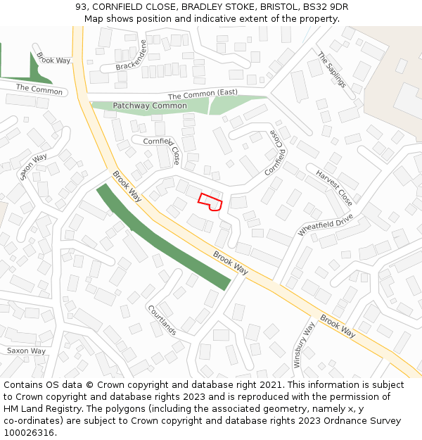 93, CORNFIELD CLOSE, BRADLEY STOKE, BRISTOL, BS32 9DR: Location map and indicative extent of plot