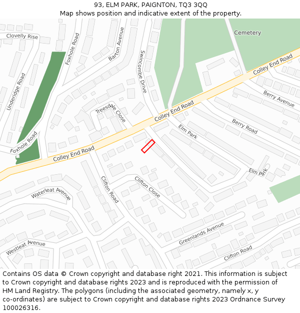 93, ELM PARK, PAIGNTON, TQ3 3QQ: Location map and indicative extent of plot