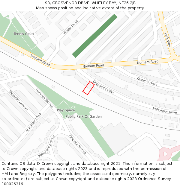 93, GROSVENOR DRIVE, WHITLEY BAY, NE26 2JR: Location map and indicative extent of plot