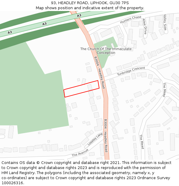 93, HEADLEY ROAD, LIPHOOK, GU30 7PS: Location map and indicative extent of plot