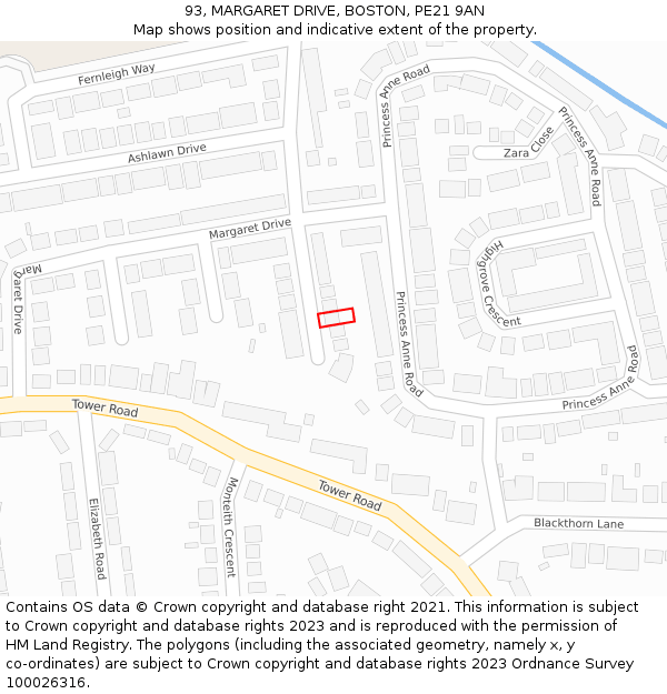 93, MARGARET DRIVE, BOSTON, PE21 9AN: Location map and indicative extent of plot