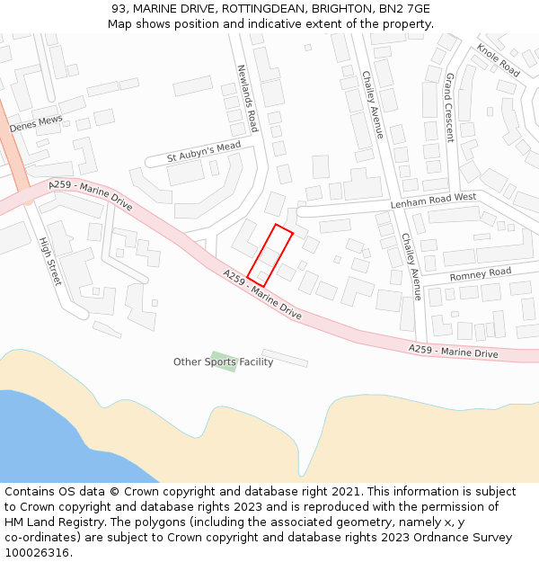 93, MARINE DRIVE, ROTTINGDEAN, BRIGHTON, BN2 7GE: Location map and indicative extent of plot
