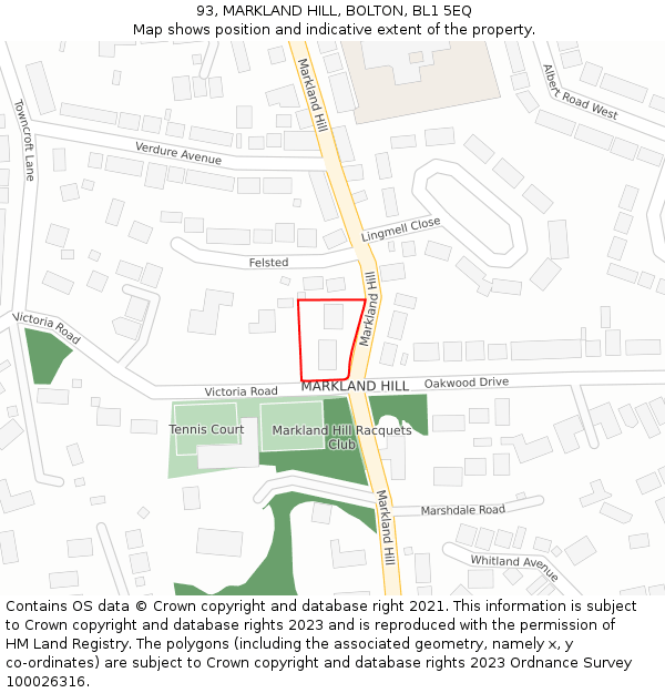93, MARKLAND HILL, BOLTON, BL1 5EQ: Location map and indicative extent of plot