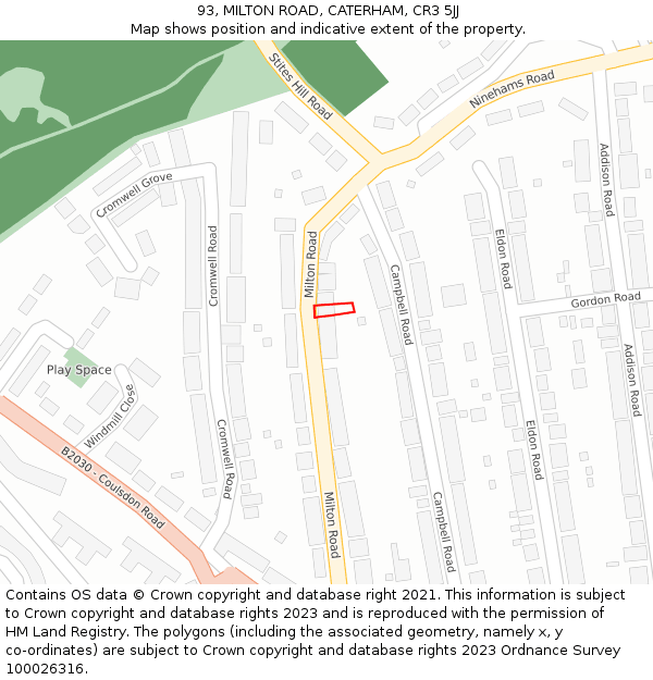 93, MILTON ROAD, CATERHAM, CR3 5JJ: Location map and indicative extent of plot