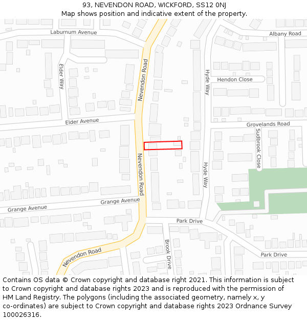93, NEVENDON ROAD, WICKFORD, SS12 0NJ: Location map and indicative extent of plot