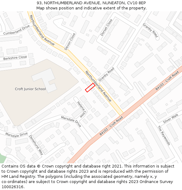 93, NORTHUMBERLAND AVENUE, NUNEATON, CV10 8EP: Location map and indicative extent of plot