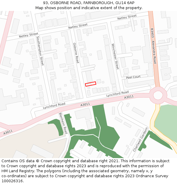 93, OSBORNE ROAD, FARNBOROUGH, GU14 6AP: Location map and indicative extent of plot