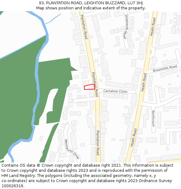 93, PLANTATION ROAD, LEIGHTON BUZZARD, LU7 3HJ: Location map and indicative extent of plot