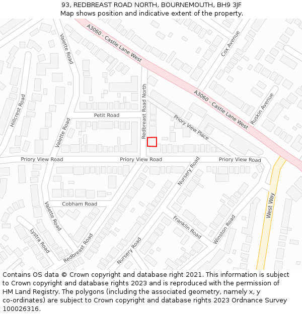 93, REDBREAST ROAD NORTH, BOURNEMOUTH, BH9 3JF: Location map and indicative extent of plot