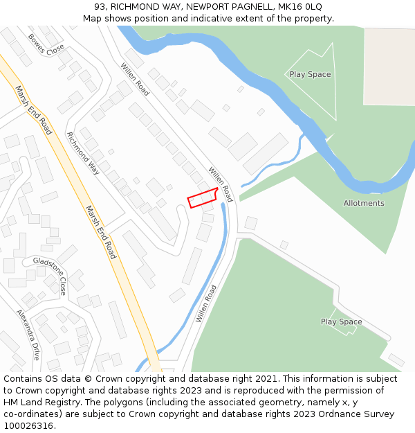 93, RICHMOND WAY, NEWPORT PAGNELL, MK16 0LQ: Location map and indicative extent of plot