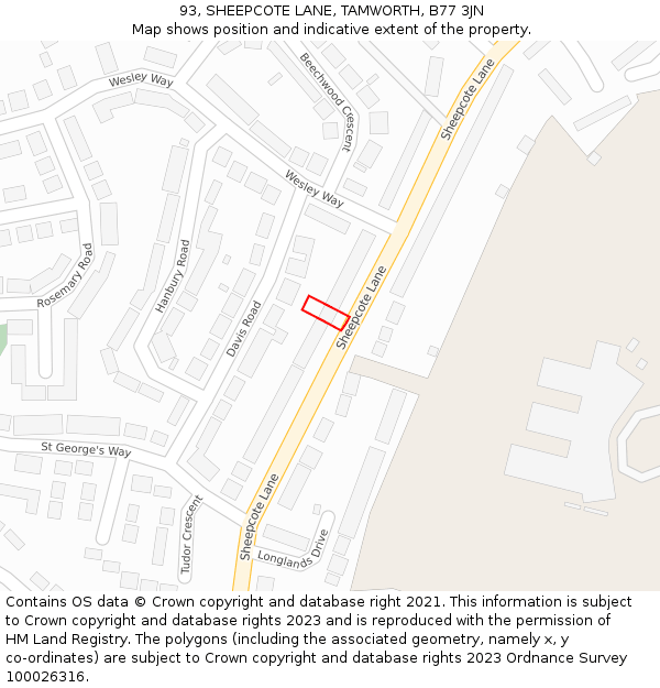 93, SHEEPCOTE LANE, TAMWORTH, B77 3JN: Location map and indicative extent of plot