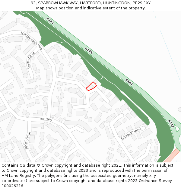 93, SPARROWHAWK WAY, HARTFORD, HUNTINGDON, PE29 1XY: Location map and indicative extent of plot