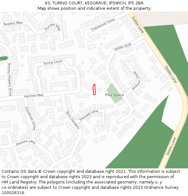 93, TURING COURT, KESGRAVE, IPSWICH, IP5 2BA: Location map and indicative extent of plot