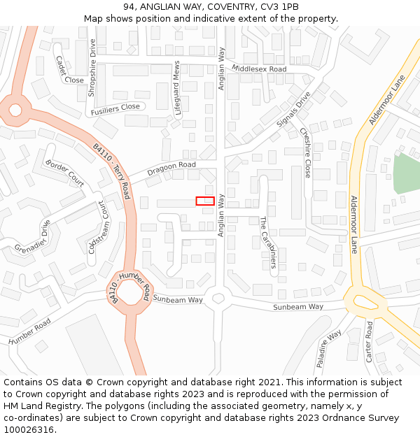 94, ANGLIAN WAY, COVENTRY, CV3 1PB: Location map and indicative extent of plot
