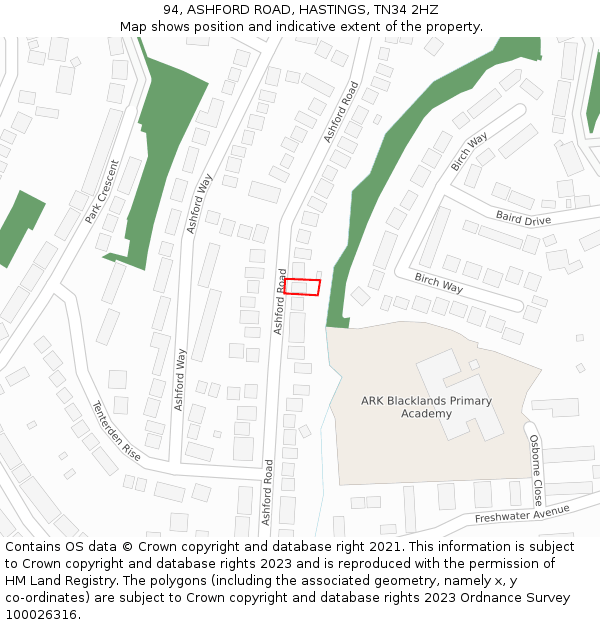 94, ASHFORD ROAD, HASTINGS, TN34 2HZ: Location map and indicative extent of plot