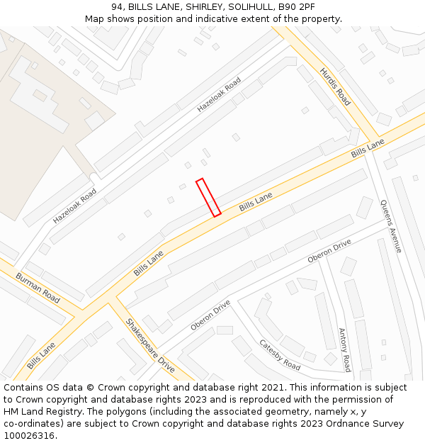 94, BILLS LANE, SHIRLEY, SOLIHULL, B90 2PF: Location map and indicative extent of plot