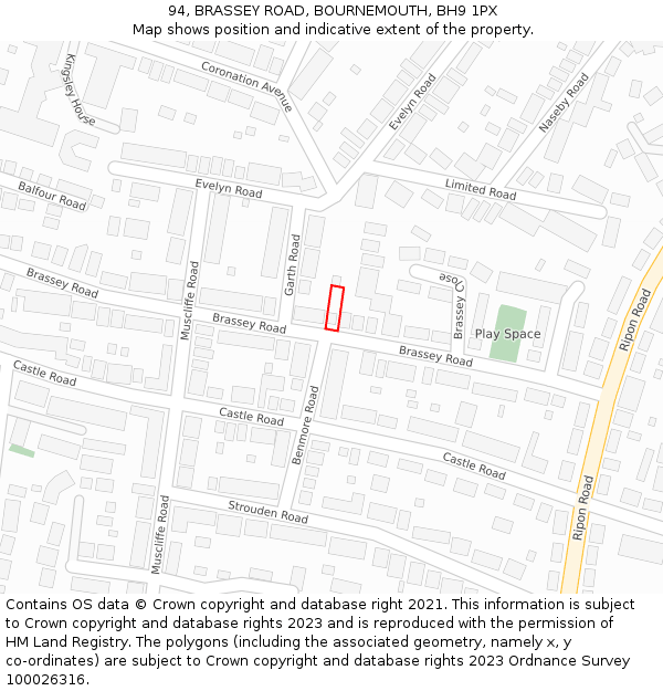 94, BRASSEY ROAD, BOURNEMOUTH, BH9 1PX: Location map and indicative extent of plot