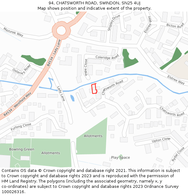 94, CHATSWORTH ROAD, SWINDON, SN25 4UJ: Location map and indicative extent of plot