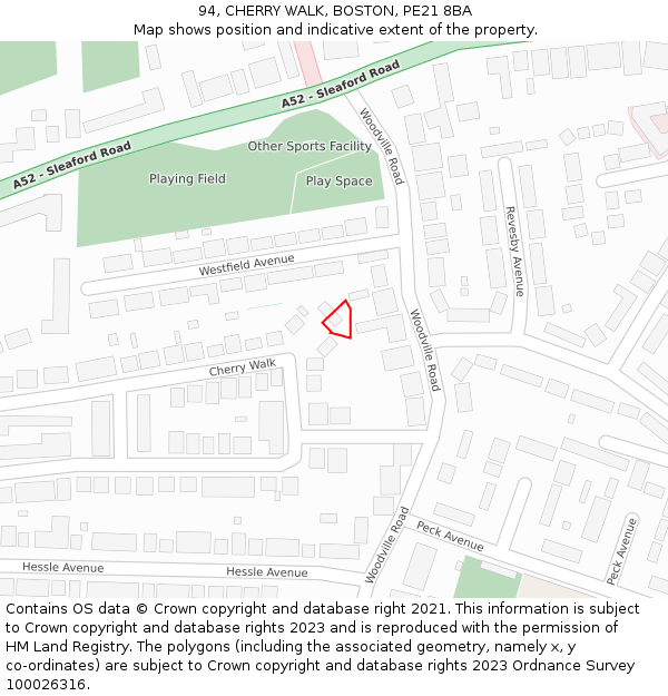 94, CHERRY WALK, BOSTON, PE21 8BA: Location map and indicative extent of plot