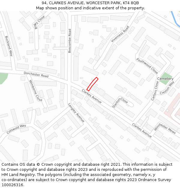 94, CLARKES AVENUE, WORCESTER PARK, KT4 8QB: Location map and indicative extent of plot
