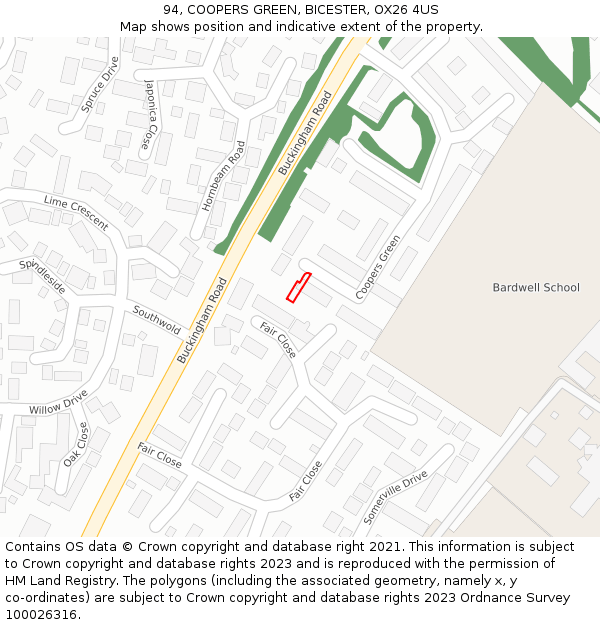 94, COOPERS GREEN, BICESTER, OX26 4US: Location map and indicative extent of plot