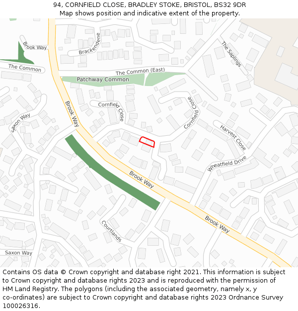 94, CORNFIELD CLOSE, BRADLEY STOKE, BRISTOL, BS32 9DR: Location map and indicative extent of plot