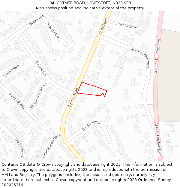 94, COTMER ROAD, LOWESTOFT, NR33 9PR: Location map and indicative extent of plot