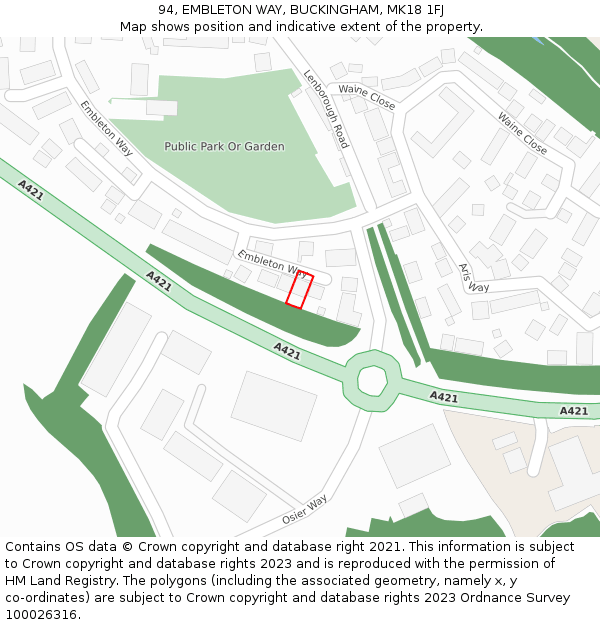 94, EMBLETON WAY, BUCKINGHAM, MK18 1FJ: Location map and indicative extent of plot
