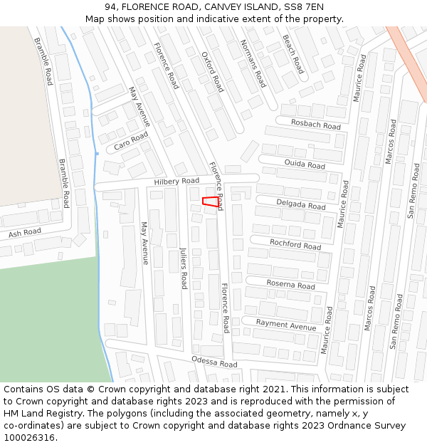 94, FLORENCE ROAD, CANVEY ISLAND, SS8 7EN: Location map and indicative extent of plot